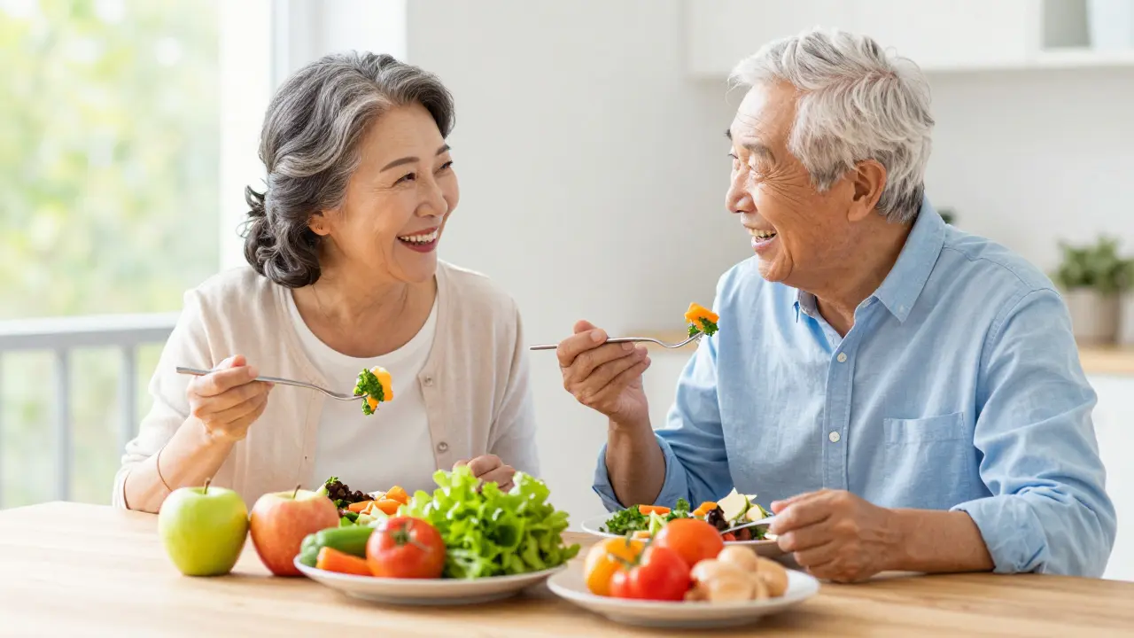 Šťastný senior pár dopoledne jí zdravé a tvrdé potraviny.