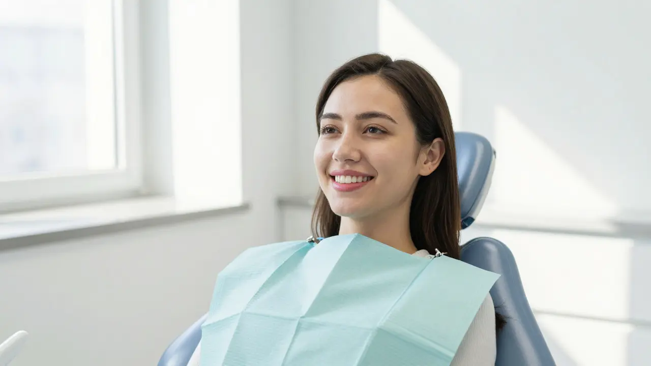 Svěží úsměv zdravých zubů po léčbě fluorem a čištění.