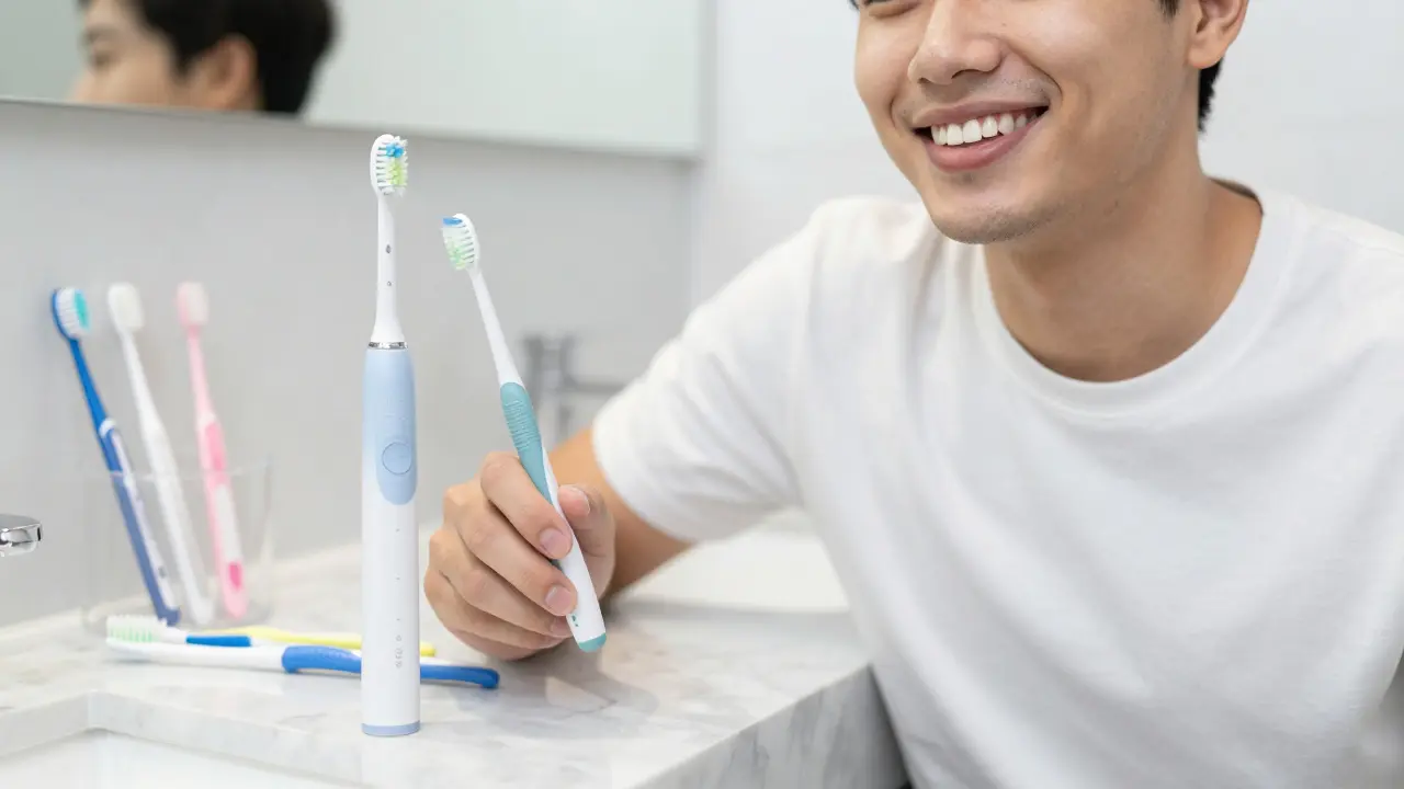 Úsměv s čistými zuby a pomůcky pro domácí hygienu na koupelnovém stole