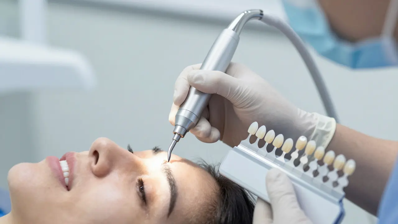 Zubař dopřajující povrchové leštění zubu s barevným vzorníkem.