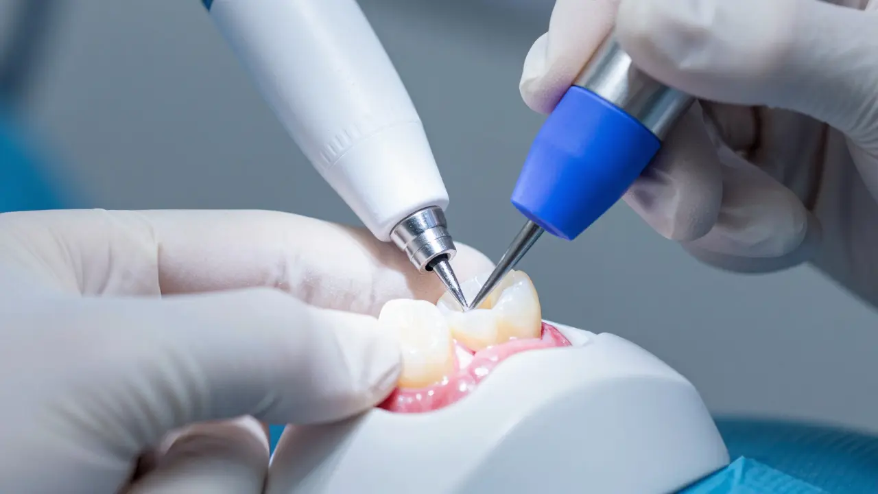 Zubní lékař ztvrdí vrstvu kompozitní fazety pomocí modrého světla.