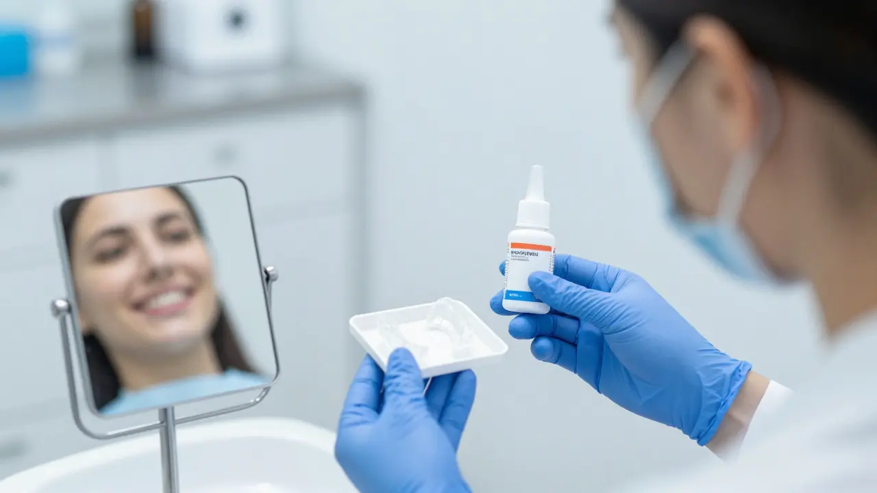 Dentista připravuje bělicí gel a šablony pro léčbu zabarvených zubů.