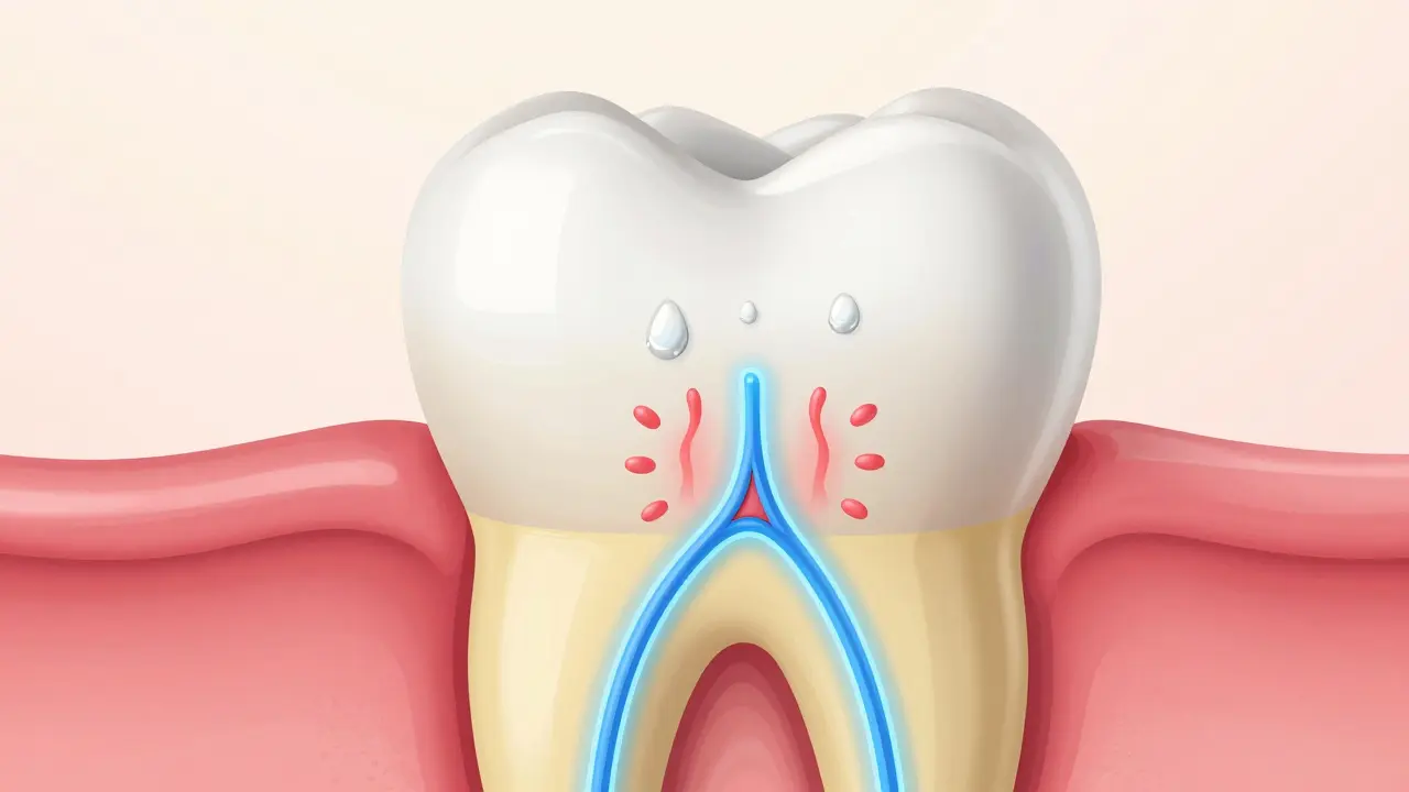 Detail zubu ukazující odhalený dentin a nervové kanálky