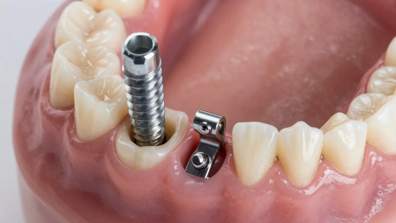 Detailní pohled na zubní implantát v kosti s nasazovací keramickou protézou.