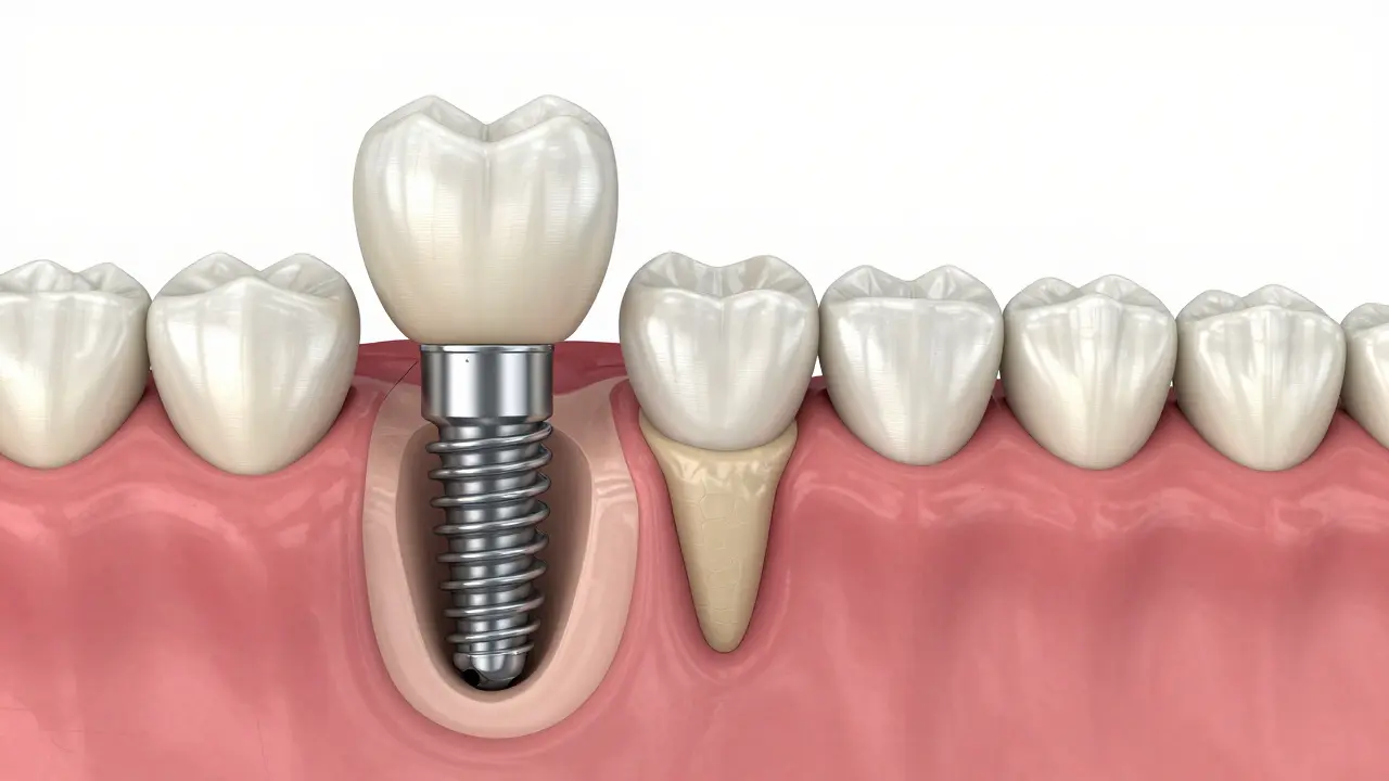 Porovnání zubního implantátu a mostu na průřezu čelisti.
