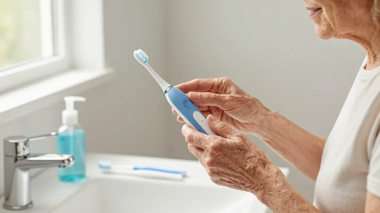 Senior používající elektrickou kartáčku v koupelně