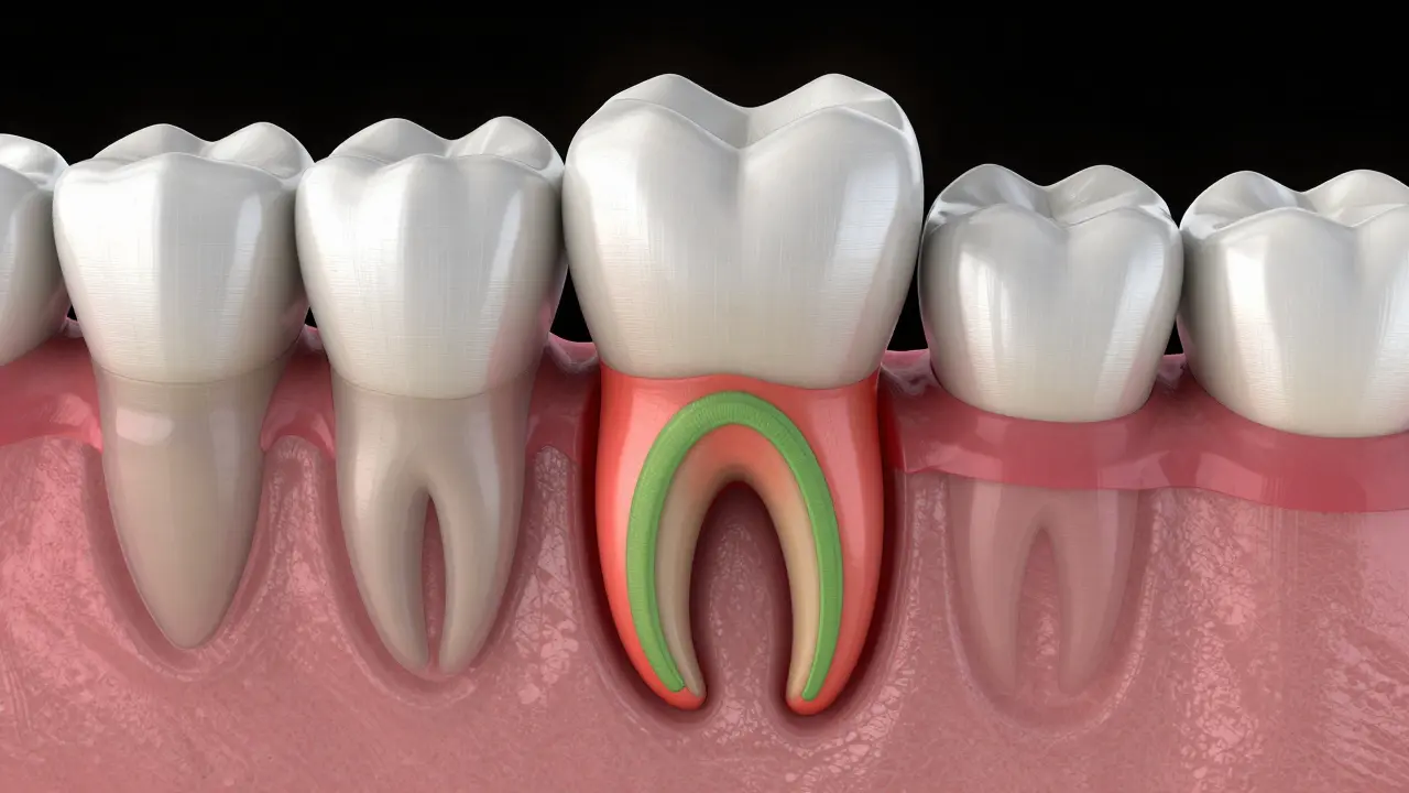 3D vizualizace periodonia a zánětu na špičce kořene zubu