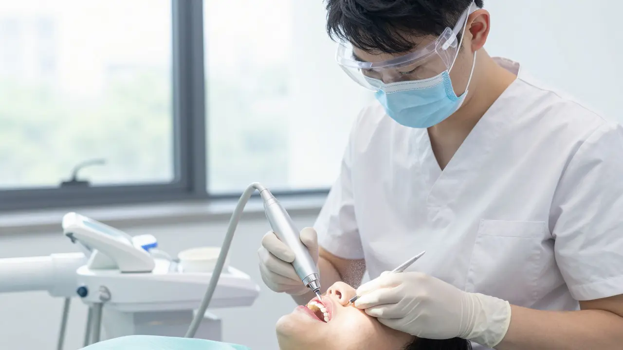 Dentální hygienista provádí ultrazvukové čištění zubního kamene