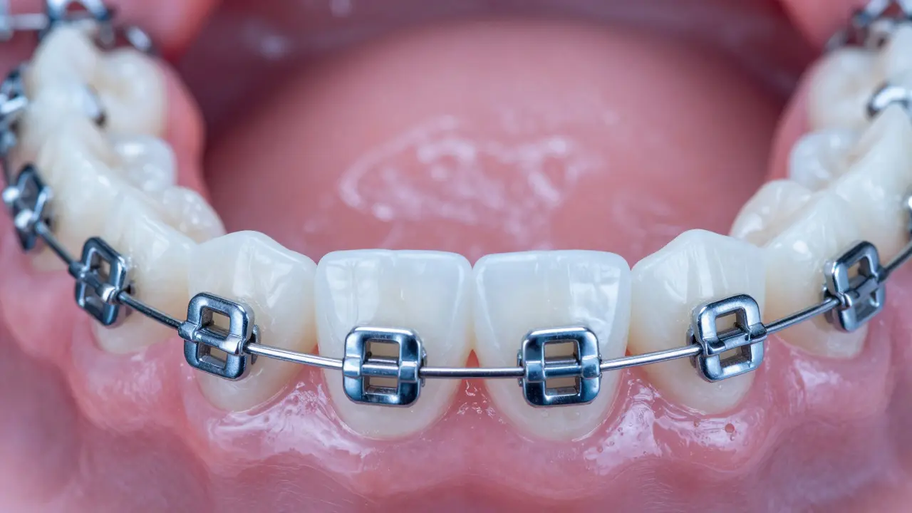 Detailní záběr kovových rovnátek na zubech