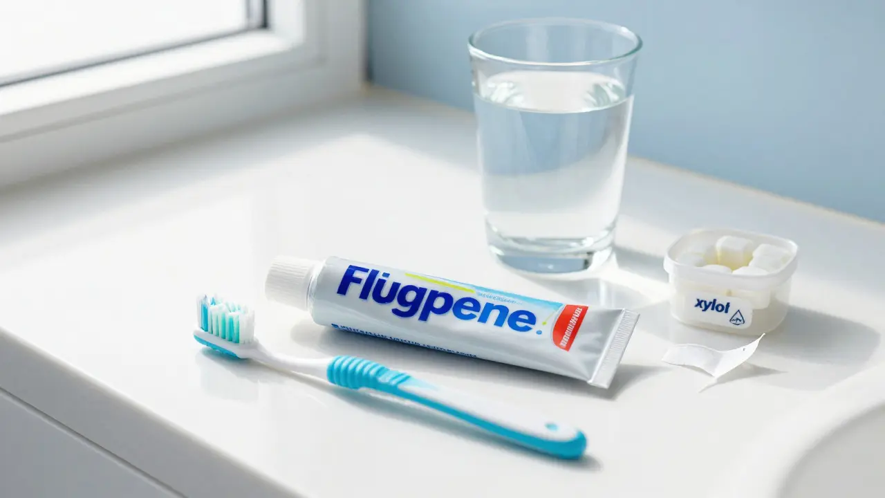 Hygienické potřeby jako pasta a mezizubní kartáček na umyvadle