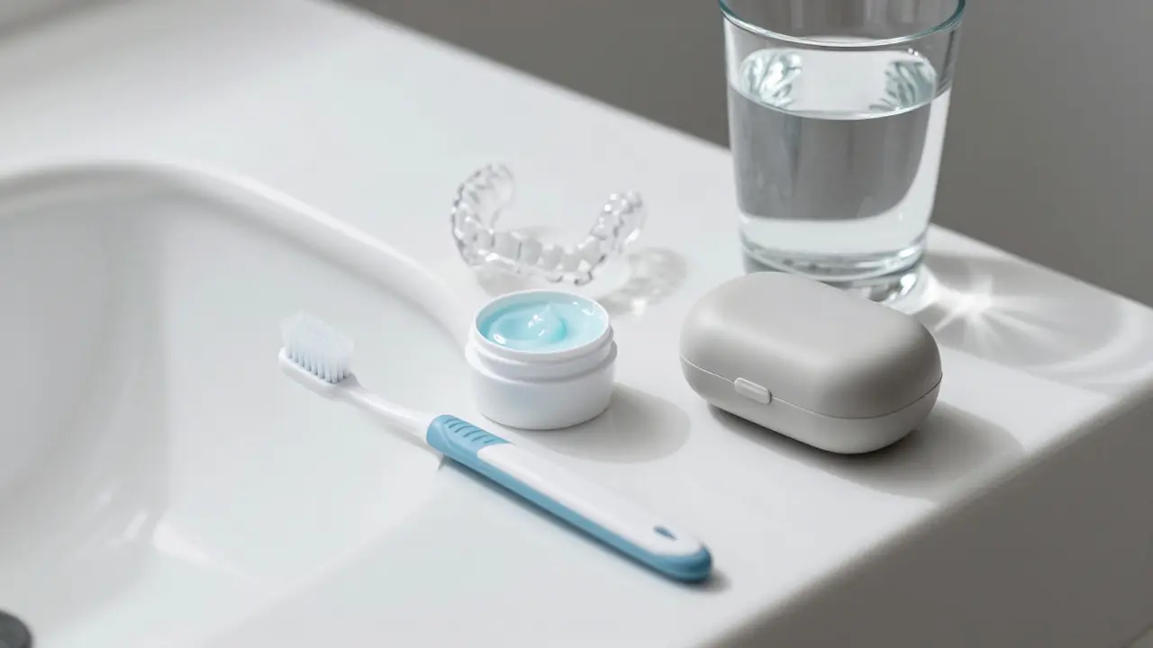 Hygienické potřeby na čištění zubních náhrad: kartáček, pasta a sklenice vody na umyvadle