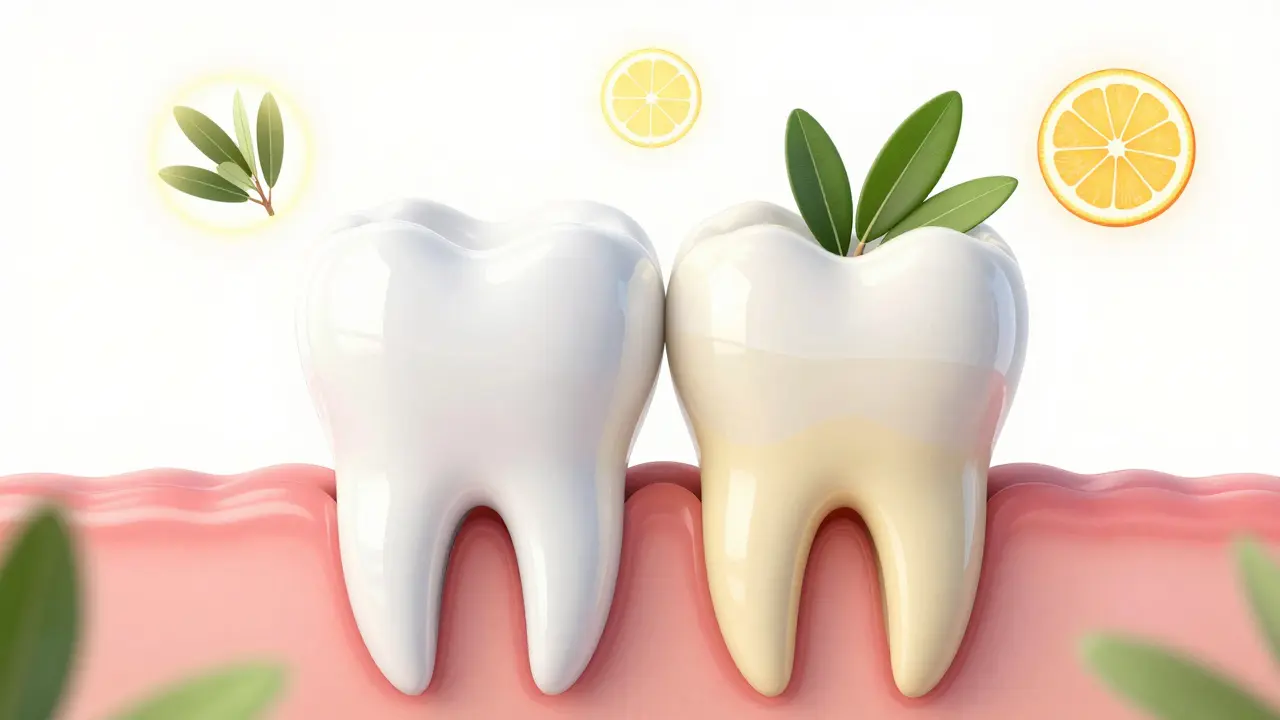 Ilustrace zubní skloviny a žlutého dentinu s přírodními prvky