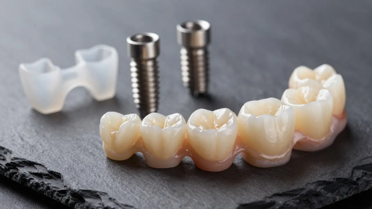 Keramické korunky a zubní implantáty na temném podkladu