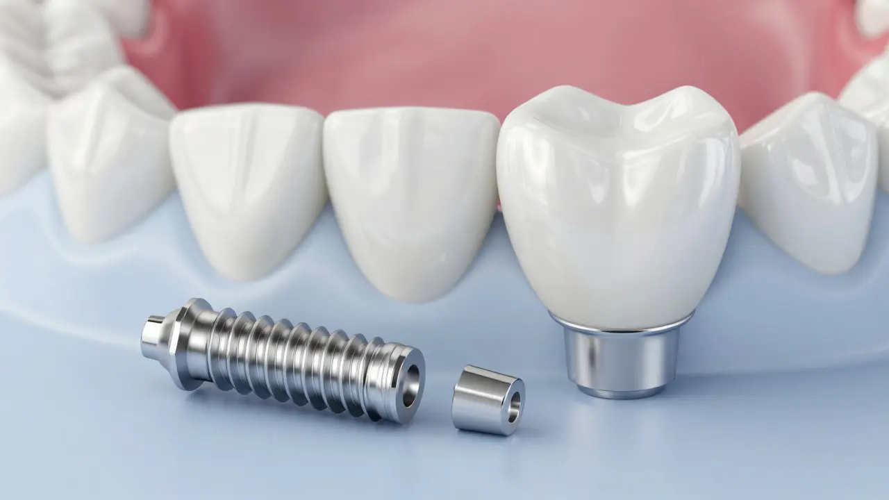 Komponenty zubního implantátu: šroubek, abutment a korunka