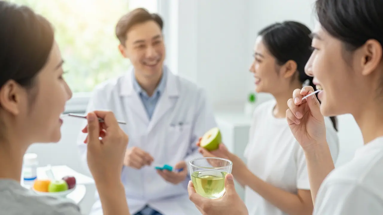Lidé pečující o ústní hygienu a zdravou stravu pro prevenci hypertenze