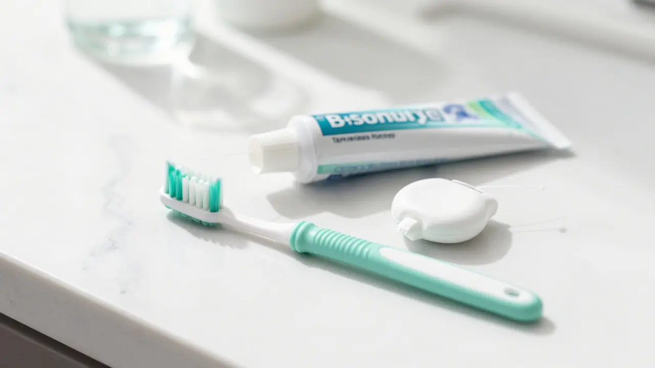 Mezizubní kartáček a nit pro prevenci kazu na bílém pozadí