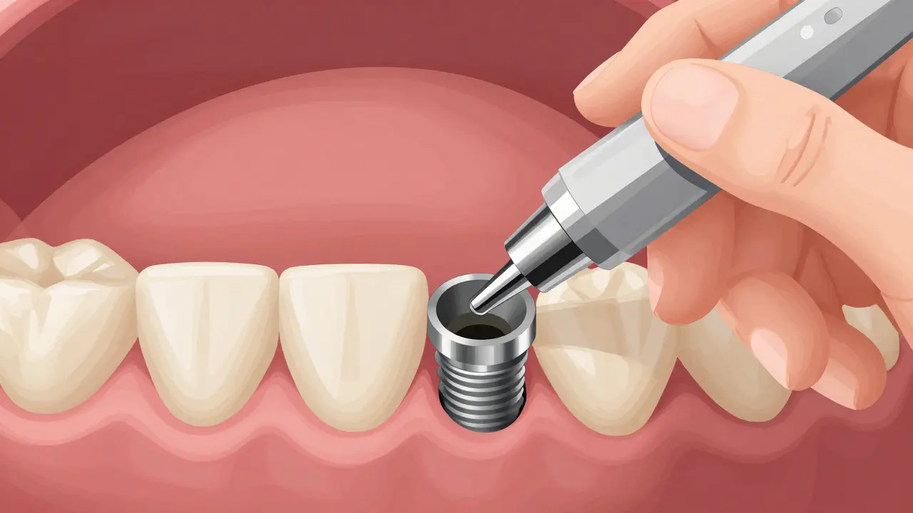 Čištění implantátu speciální plastovou špičkou