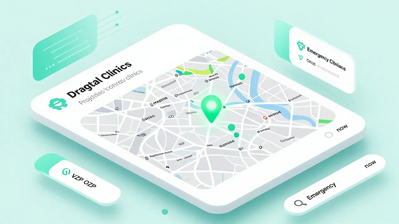 Digitální mapa Prahy s označenými otevřenými zubními pohotovostmi