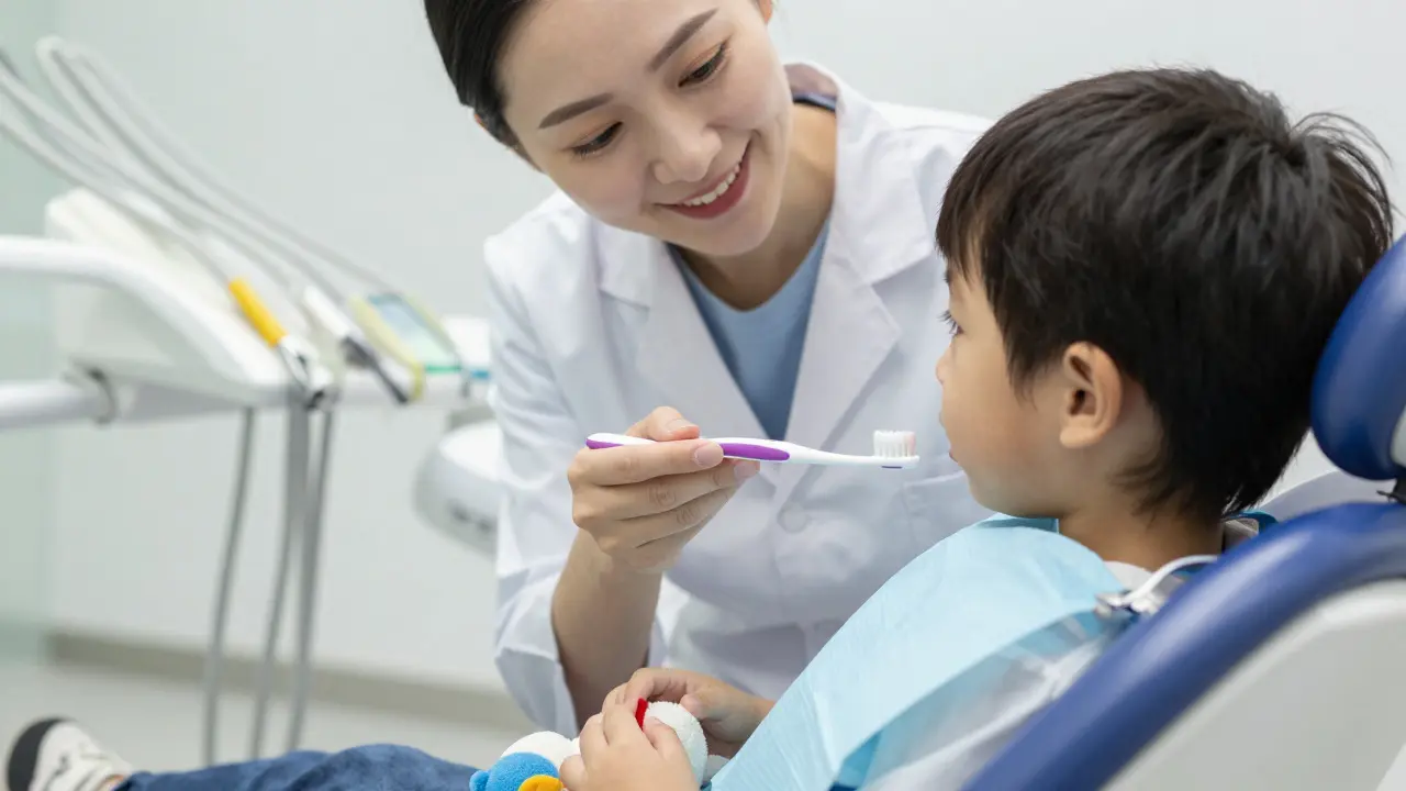Empatická dětská stomatoložka vysvětluje hygienu úsměvnému dítěti v ordinaci