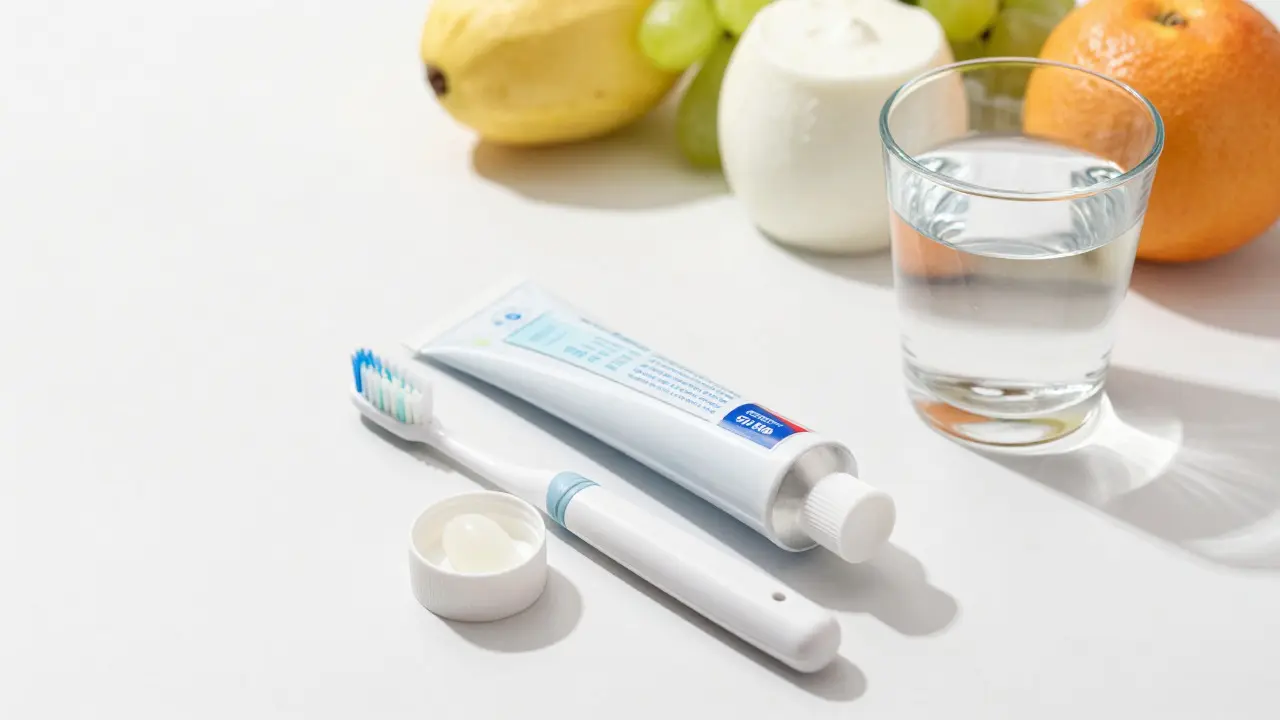 Hygienické potřeby a zdravé jídlo pro prevenci zubního kazu