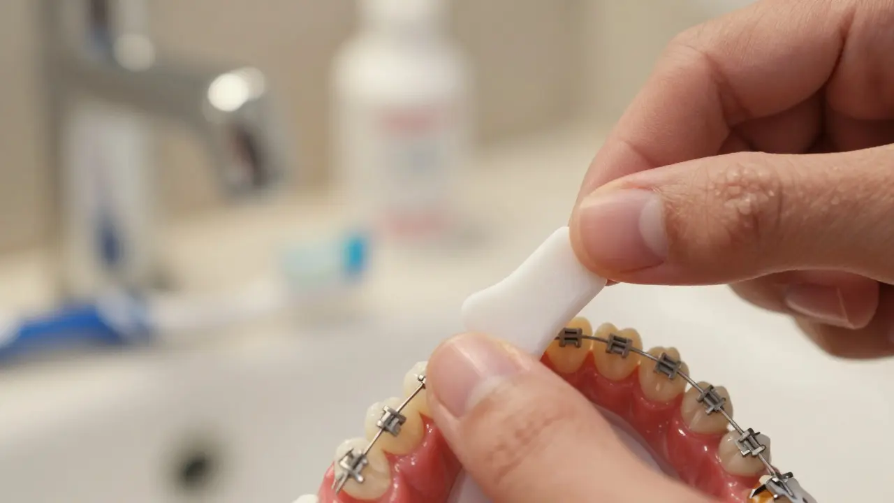 Nanášení ortodontického vosku na držák rovnátka