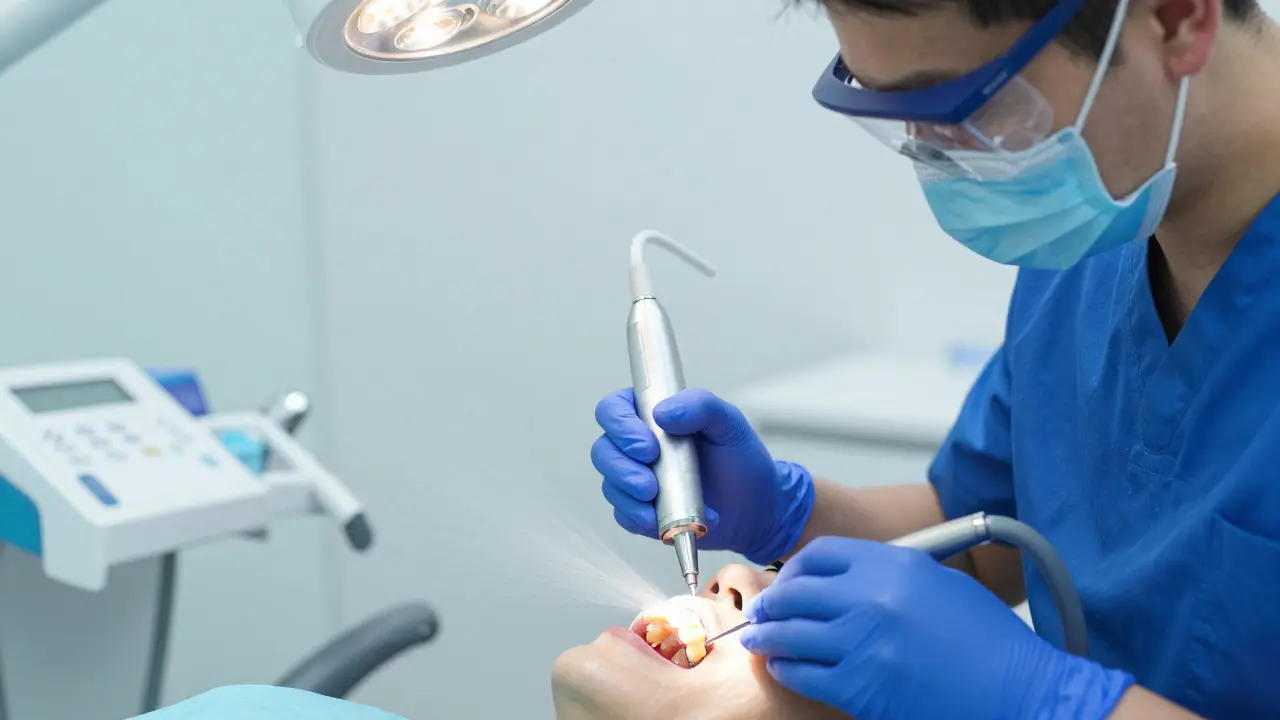 Zubní hygienistka čistí zuby ultrazvukem