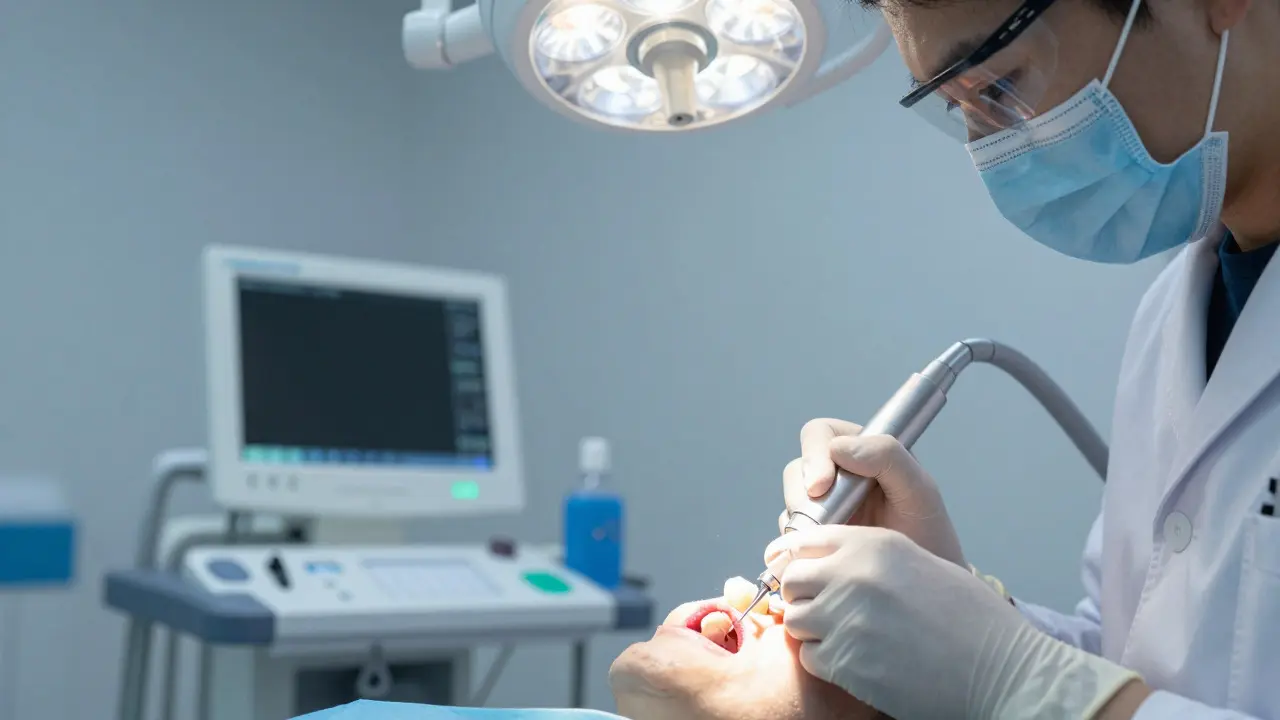 Zubní lékař provádí endodontickou léčbu s gumovým uzávěrem pod světlem.