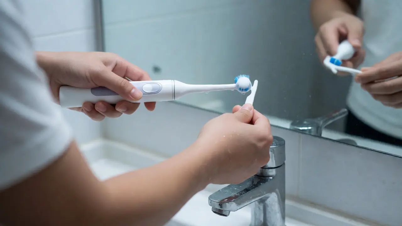 Člověk čistí zuby elektrickým kartáčkem a používá mezizubní pomůcky u umyvadla