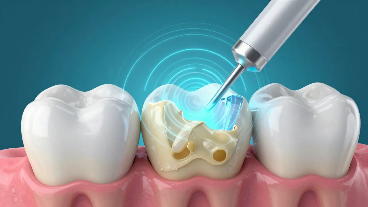 Conceptual illustration of ultrasonic waves cleaning tartar from a tooth