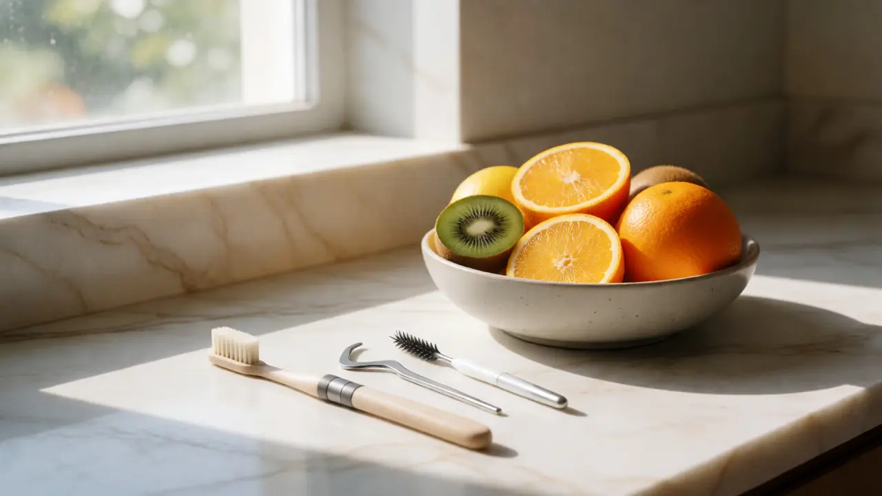 Dentální pomůcky a citrusové plody pro prevenci paradentózy