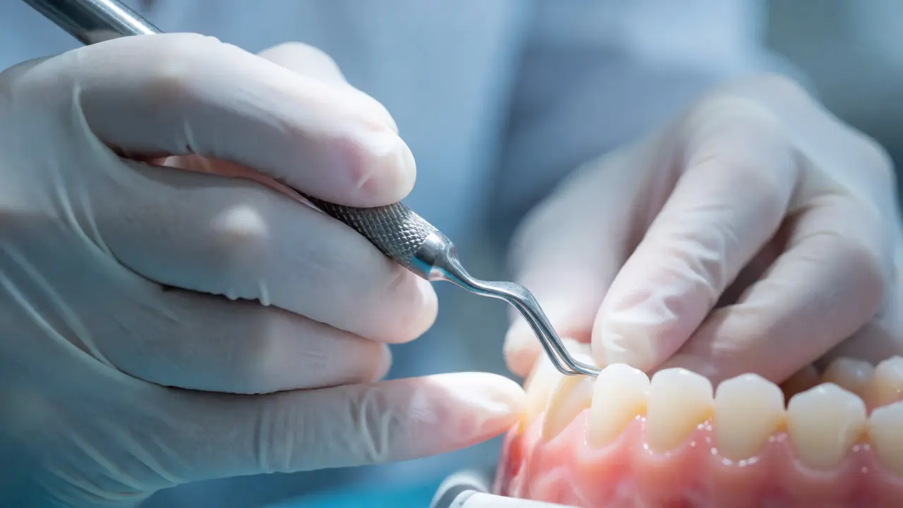 Dentista provádí kyretáž pomocí nástroje pod dásňový lem