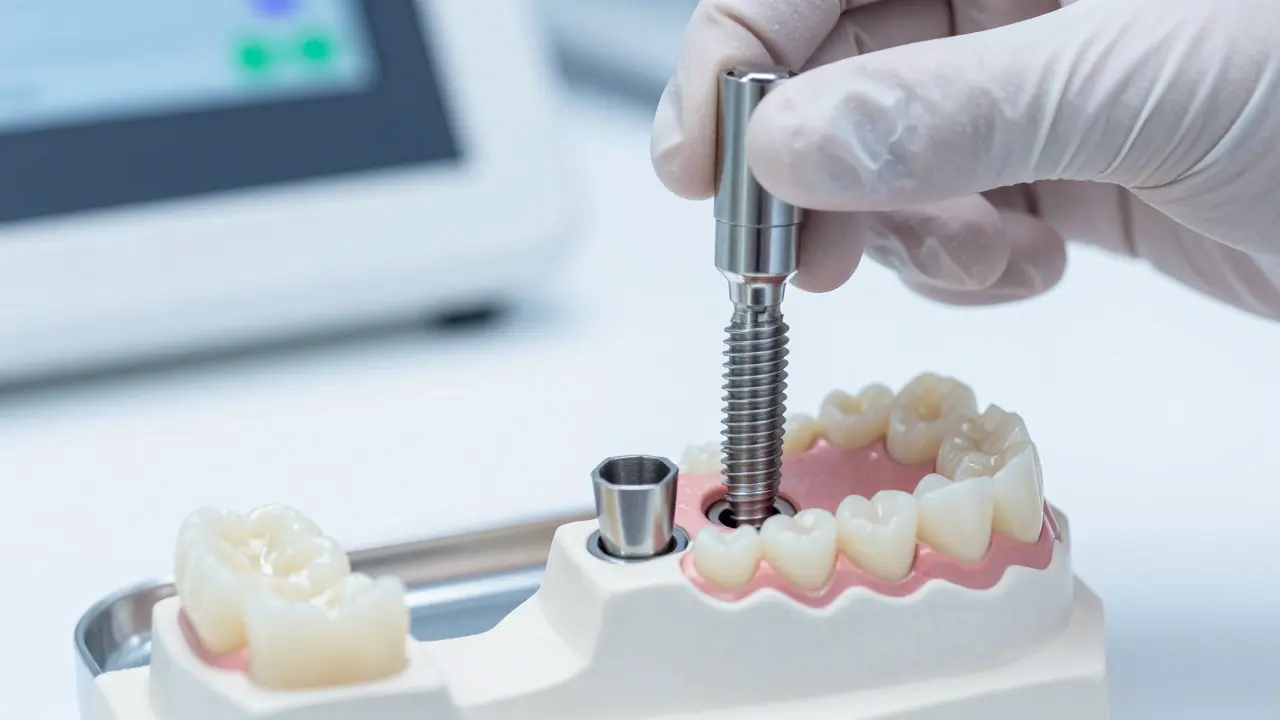 Detailní záběr titánového implantátu zasazeného do modelu čelisti s keramickou korunou v popředí