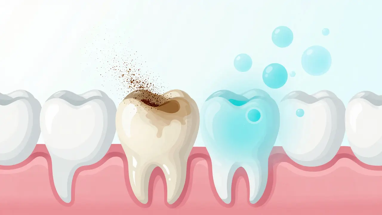 Illustration showing abrasive and chemical cleaning mechanisms on a tooth cross-section