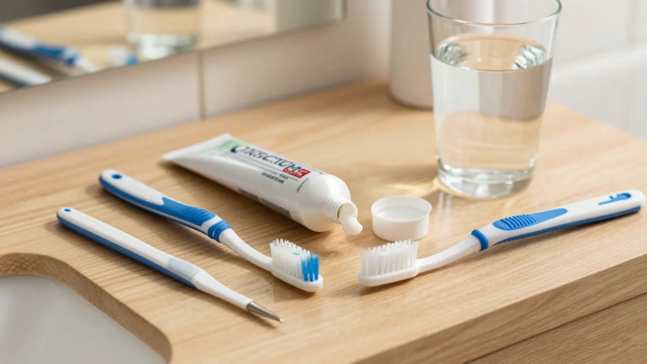 Oral hygiene kit with toothpaste, toothbrush, and interdental brushes on a counter