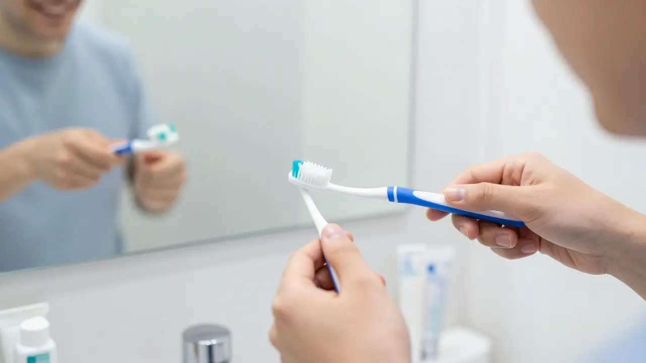Osoba používající mezizubní kartáček a zubní pastu pro prevenci kazu