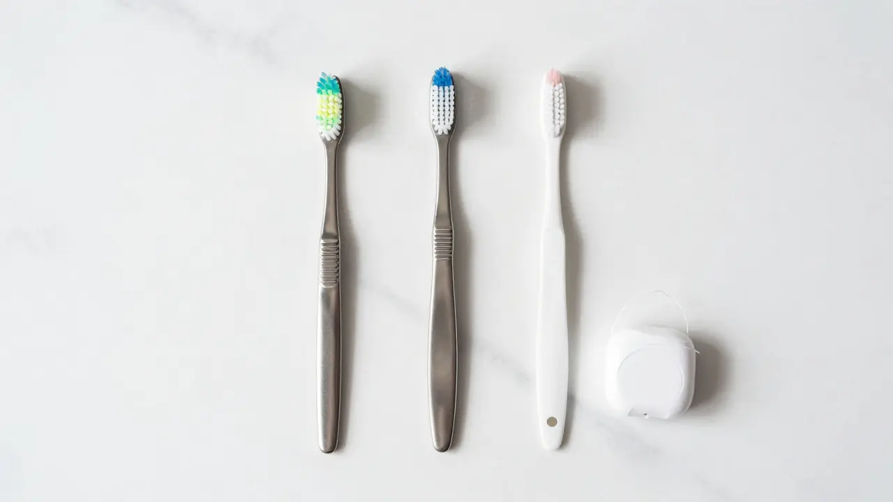 Přehled nástrojů pro ústní hygienu na mramorové desce