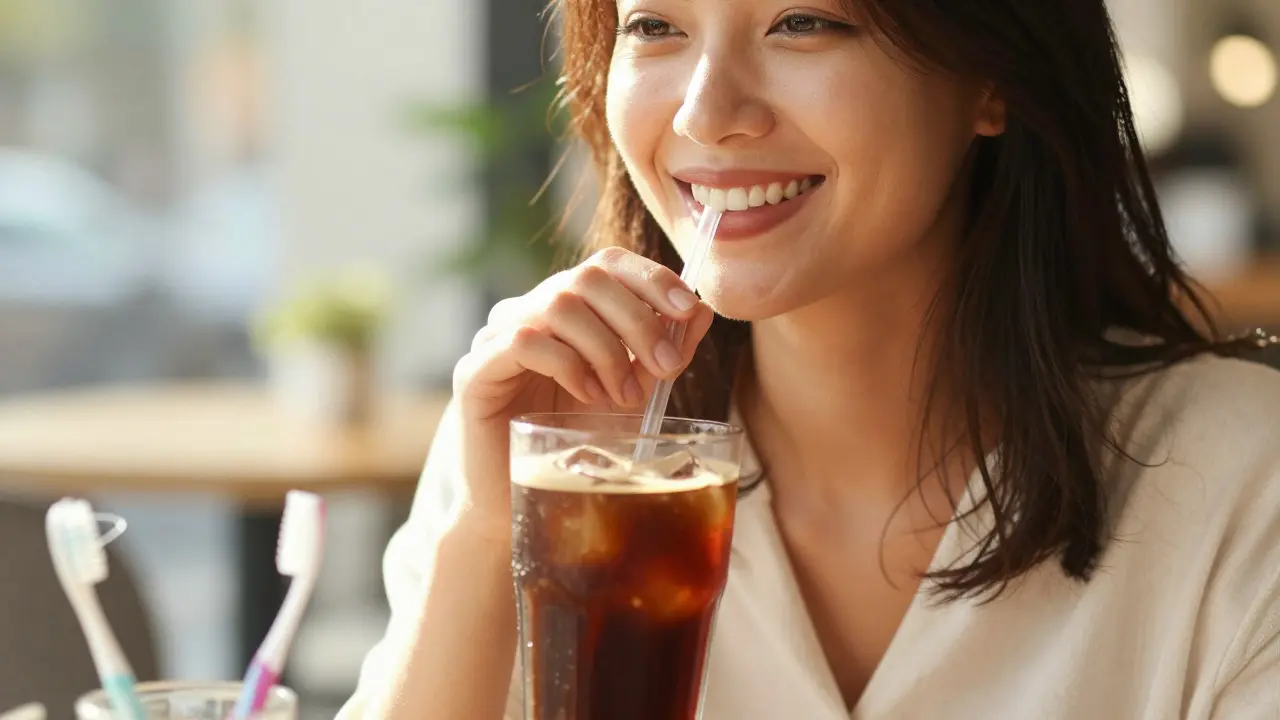 Smiling woman drinking iced coffee through a straw with dental hygiene tools nearby
