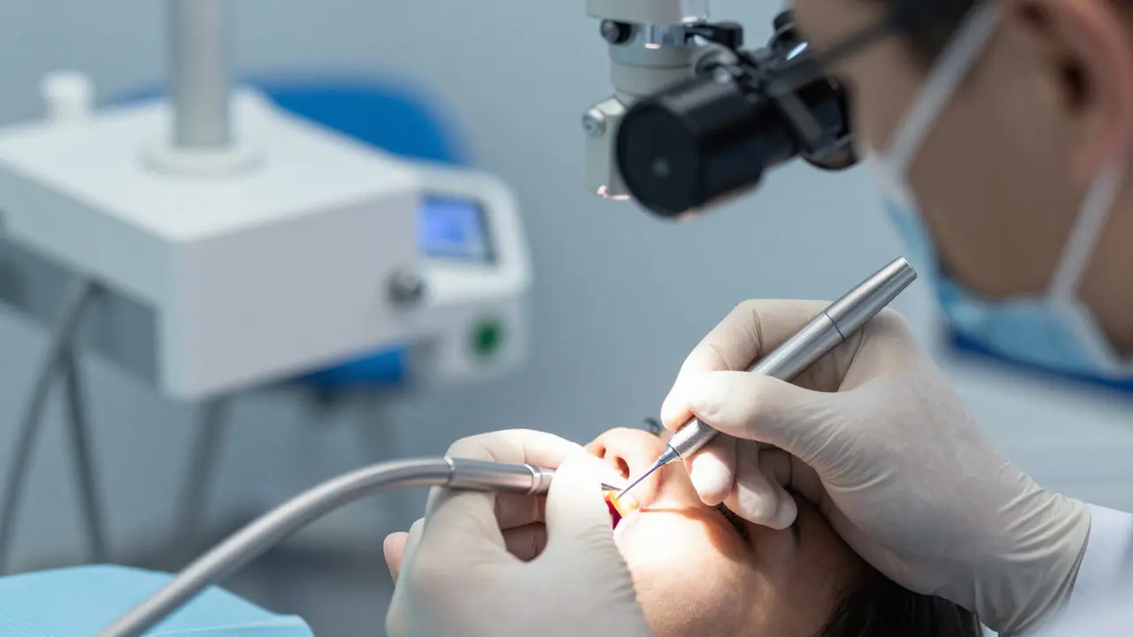 Zblízka zubař provádějící endodontické ošetření pod mikroskopem v moderní ordinaci