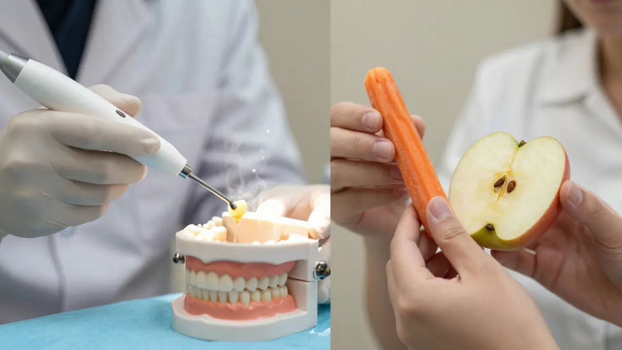 Zubní hygienista čistí zuby ultrazvukem vedle přírodní zeleniny pro zdraví