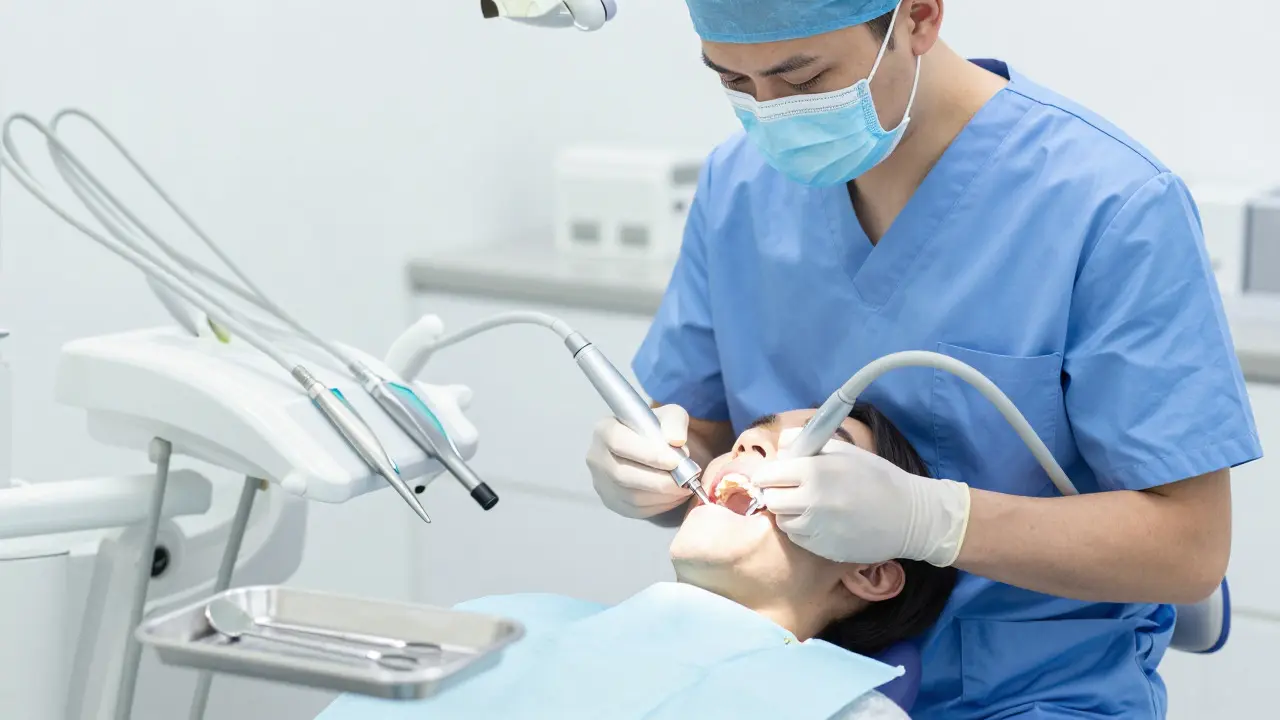 Zubní lékař provádí test citlivosti zubu u pacienta na křesle