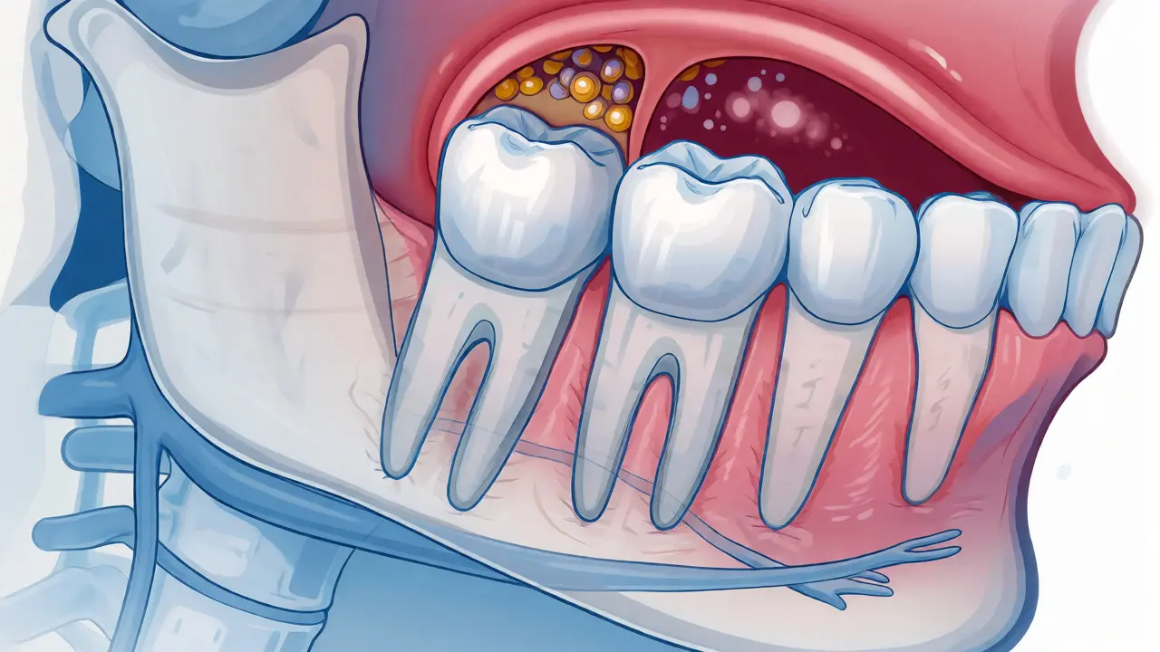 Anatomický řez čelistí ukazující zánět dásně kolem prorůstajícího moudrého zubu