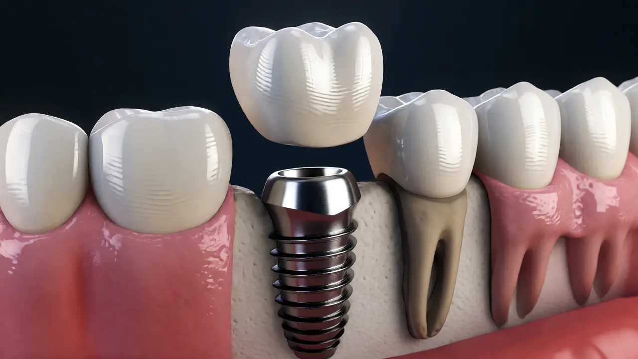 Dentální implantát s korunkou nahrazující chybějící stoličku
