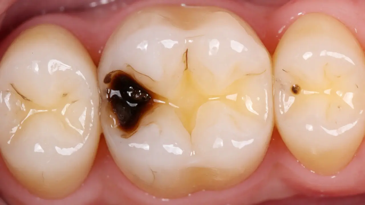 Hluboký kaz s černou lézí pronikající do dentinu na dětském zubu