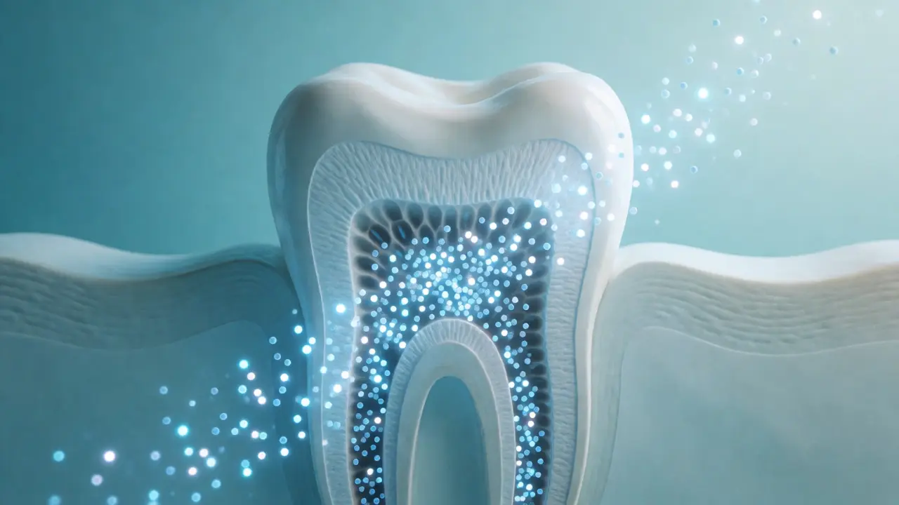 Konceptuální ilustrace remineralizace zubů pomocí minerálů uzavírajících tubuly v dentinu.