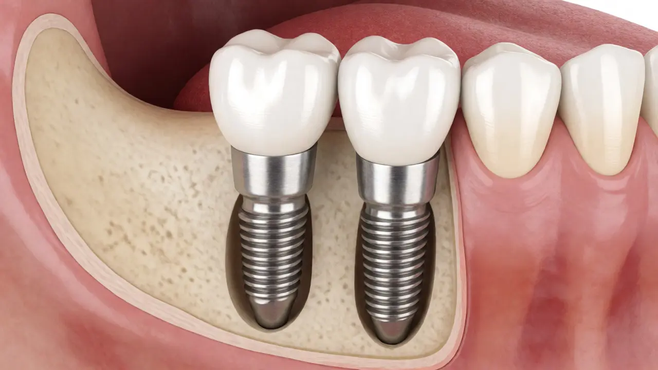 Lékařská ilustrace dvou titanových zubních implantátů v čelistní kosti