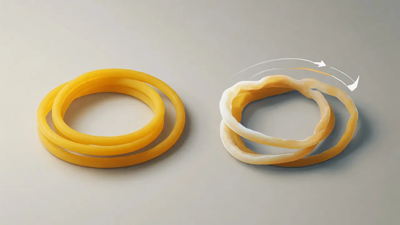 Porovnání nových a opotřebovaných elastických gumiček