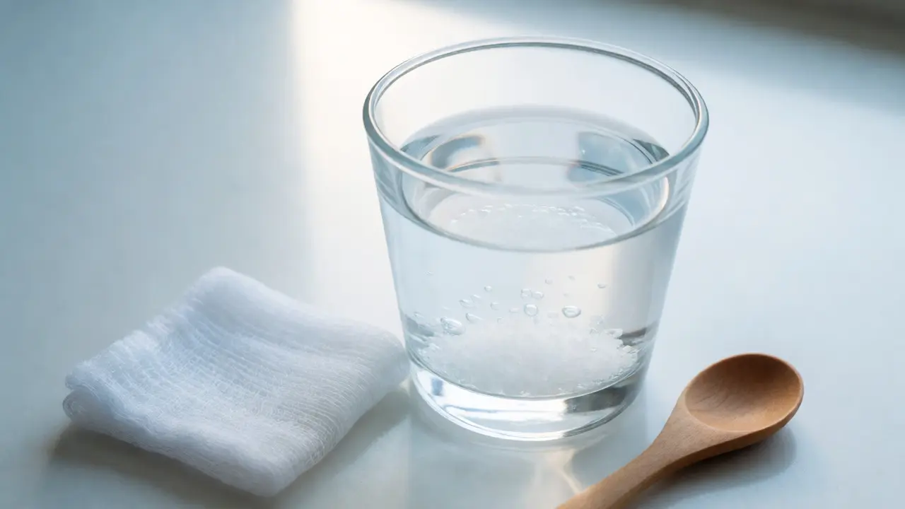 Příprava izotonického roztoku soli ve sklenici teplé vody