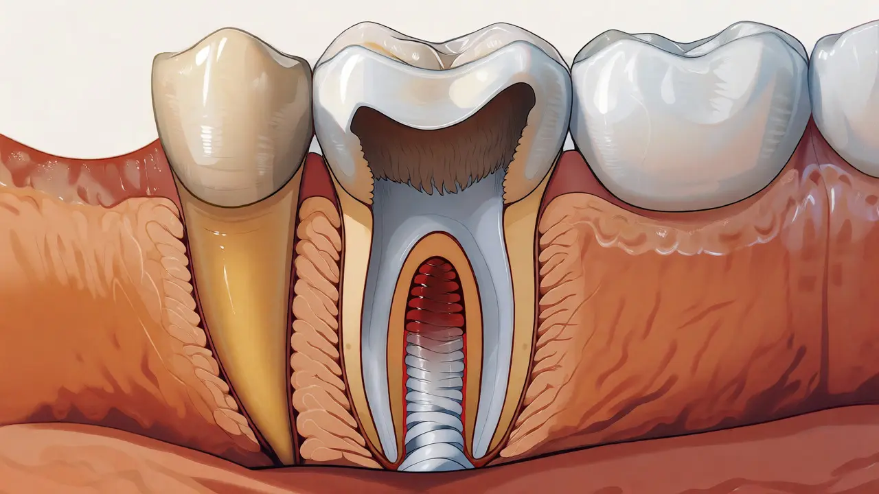 Řez zubem po endodoncii s ochrannou keramickou náhradou