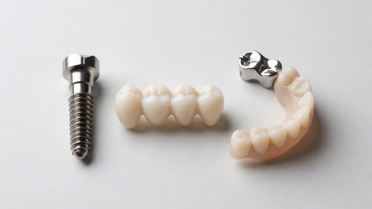 Titanový implantát, keramický můstek a nasazovací protéza vedle sebe