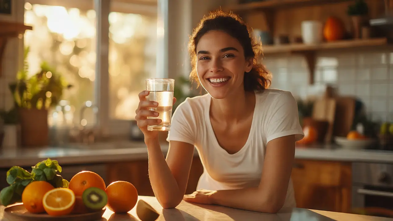 Úsměv se zdravými dásněmi a citrusové plody na pozadí